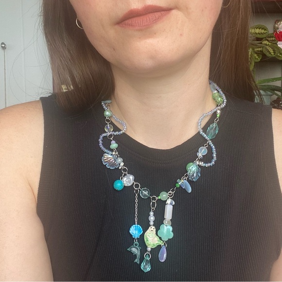 Mermaid Charm Necklace Silver Chain Mixed Beads Pendant Ocean Mermaidcore Blues - Picture 9 of 10